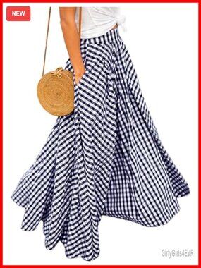 Gingham Plaid Maxi Skirt High Waist A-Line Pleated Long Skirt
